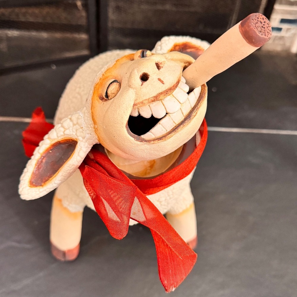 Quirky Ceramic Sheep Figurine Red Scarf Cigar Funny Farmhouse Decor‎ Gift